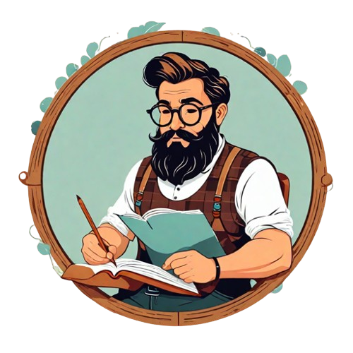 Illustration of bearded man writing, generated with hotpot.ai.